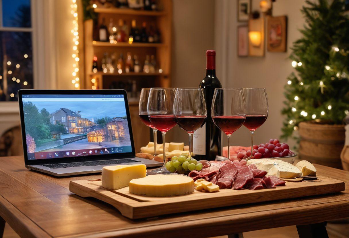 A cozy home setting with a wooden table set for a virtual wine tasting, featuring an array of colorful wine glasses filled with different wines, a laptop displaying a live streaming wine event, and elegant cheese and charcuterie boards beside them. Warm lighting to create a festive atmosphere, with a backdrop of hanging fairy lights and a decorative wine rack. super-realistic. vibrant colors. cozy ambiance.