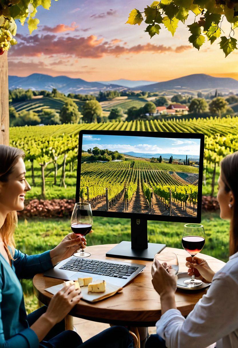 A cozy virtual wine tasting scene featuring diverse participants on a digital screen, each holding a glass of wine, surrounded by picturesque vineyards in the background. Soft, warm lighting that creates an inviting atmosphere, with elegant wine bottles and cheese platters on the table. There's a sense of connection and joy among the participants, smiling and raising their glasses. Illustration style: vibrant colors. 3D.