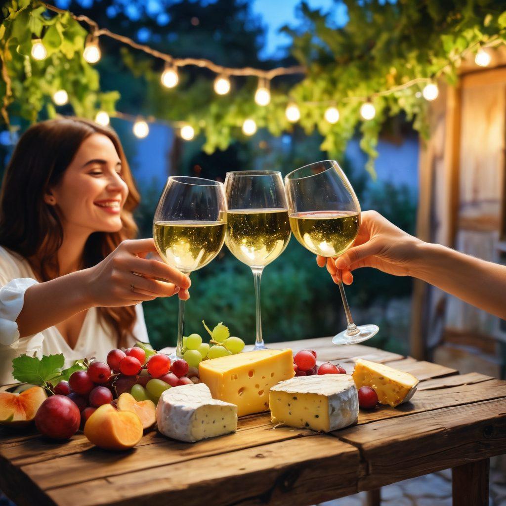 A joyful scene of friends clinking glasses filled with vibrant red and white wine outdoors under twinkling fairy lights, with lush grapevines in the background and a rustic wooden table adorned with assorted cheese and fruits. The atmosphere exudes celebration and camaraderie, with soft sunlight enhancing the cheerful mood. painting. vibrant colors. warm ambiance.